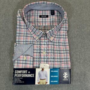 IZOD Men's Long Sleeve Button Down Comfort Performance XXL White/Pink/Blue Plaid